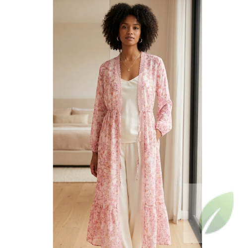 Bata Larga Rosa con Estampado Floral Talla S